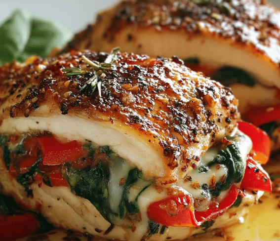 Roasted Red Pepper, Spinach, and Mozzarella Stuffed Chicken