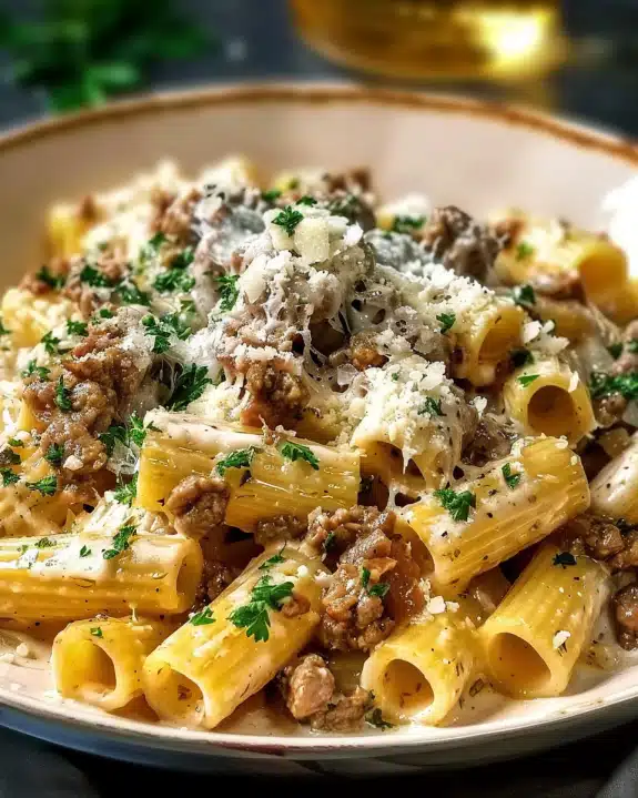 Creamy Garlic Butter Rigatoni with Beef and Parmesan Sauce