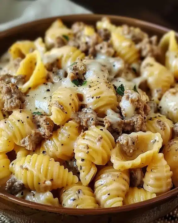 Crockpot Cheesy Ranch Beef Pasta Shells