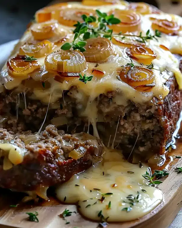 Crockpot French Onion Meatloaf with Melted Swiss Cheese