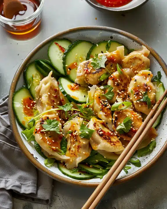 Dumpling and Smashed Cucumber Salad With Peanut Sauce