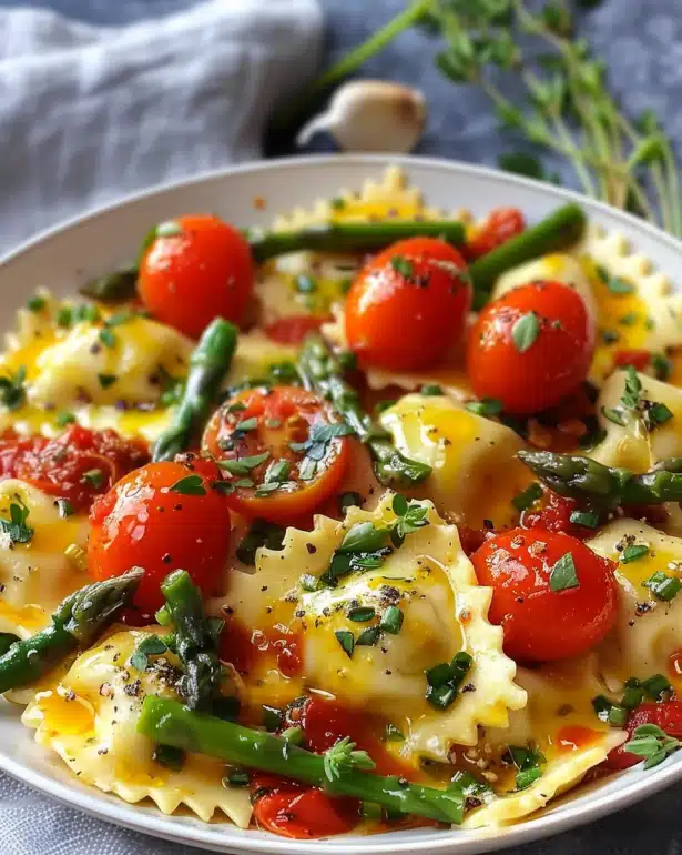 Ravioli with Tomatoes, Asparagus, Garlic, and Herbs