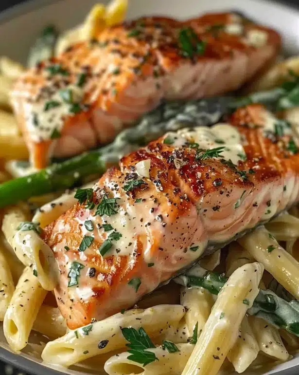 Tuscan Salmon with Creamy Garlic Alfredo Penne