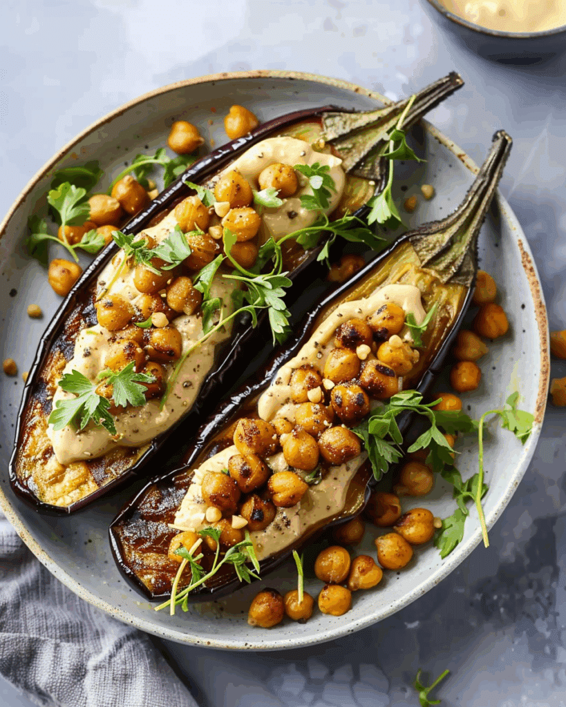 Roasted Eggplant With Crispy Chickpeas and Cashew Sauce