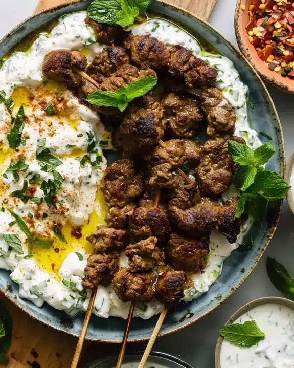 Smashed Beef Kebab With Cucumber Yogurt