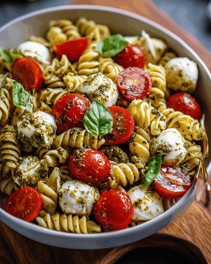 Light and Creamy Pesto Caprese Pasta Salad