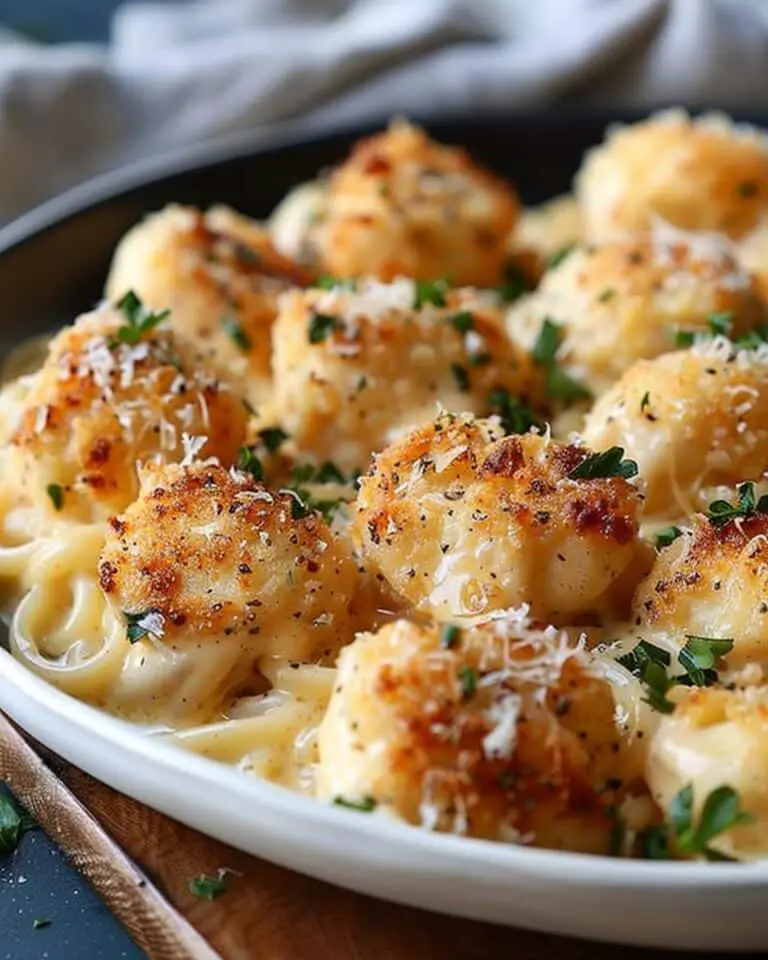 Crispy Chicken Bites on Creamy Garlic Parmesan Pasta