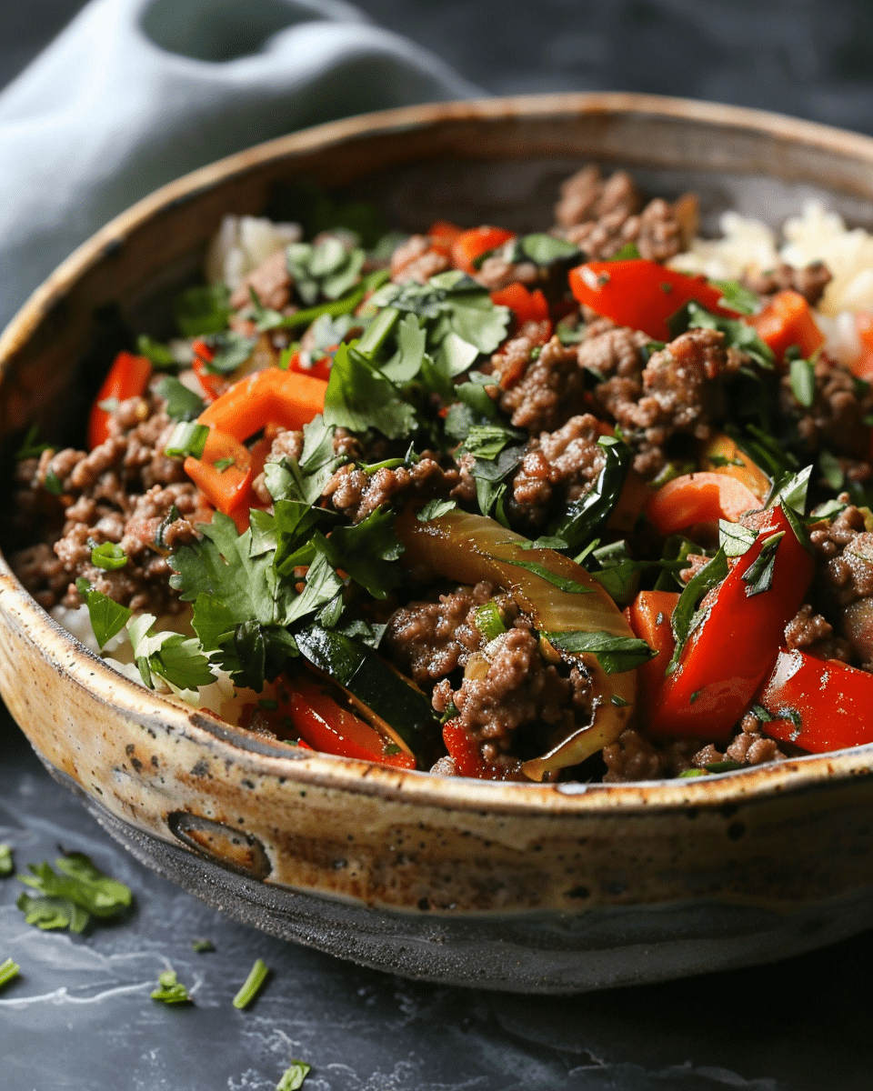 Garlic Butter Ground Beef and Roasted Veggie Bowls