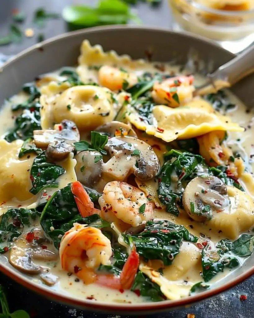 Ravioli with Seafood, Spinach & Mushrooms in Garlic Cream Sauce