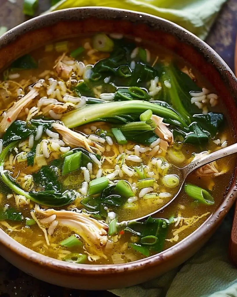 Ginger chicken and rice soup with bok choy
