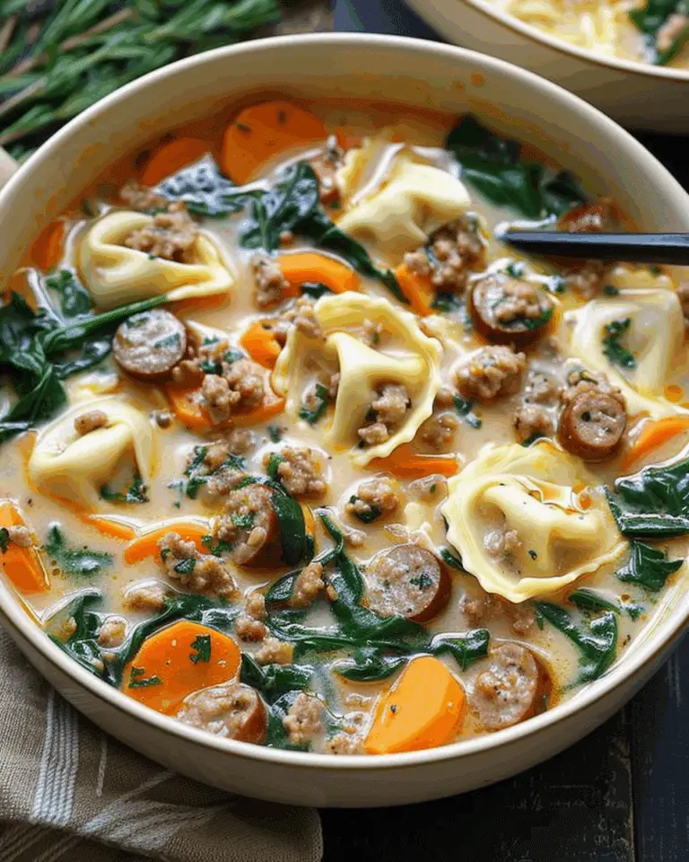 Creamy Sausage Tortellini Soup with Spinach and Sweet Potatoes