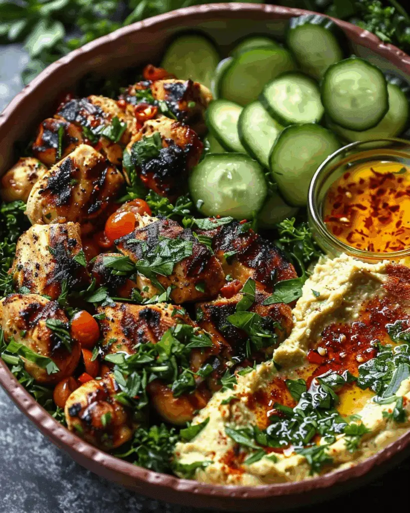 Lemon Chili Grilled Chicken Bowls with Fresh Cucumber Salad & Hummus