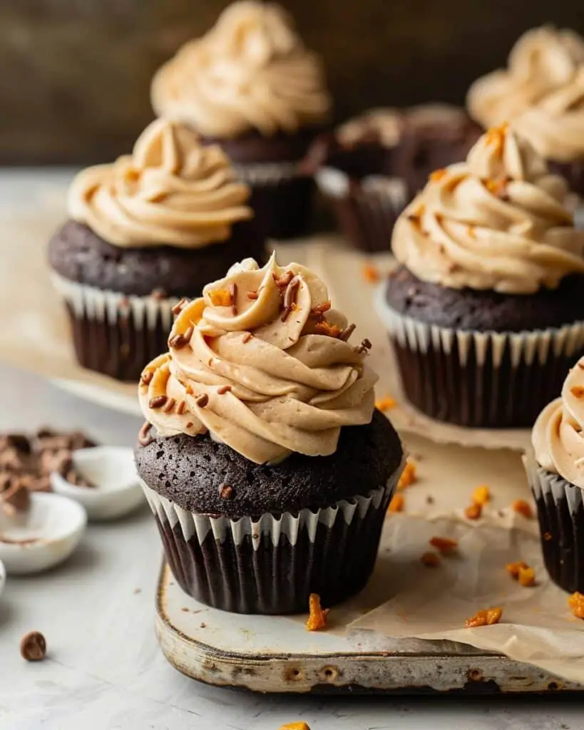 Dark Chocolate Cupcakes with Creamy Peanut Butter Frosting