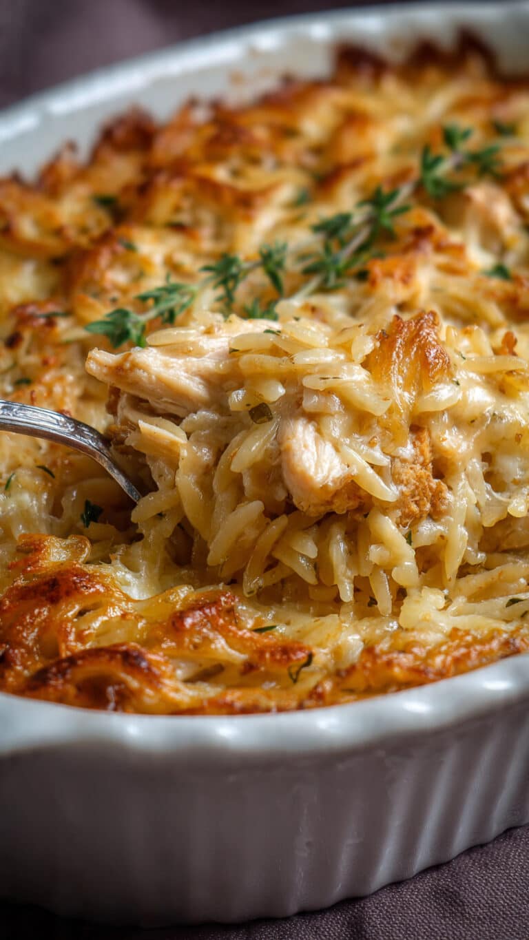 French Onion Chicken Orzo Casserole