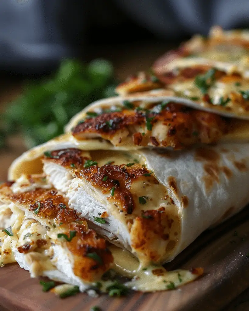 Ooey-Gooey Cheesy Garlic Chicken Wraps