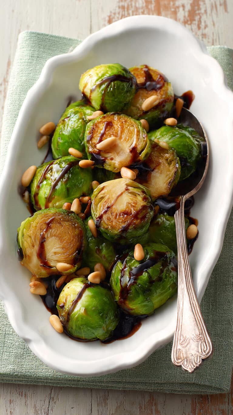 Brussels Sprouts with Balsamic Glaze and Toasted Pine Nuts