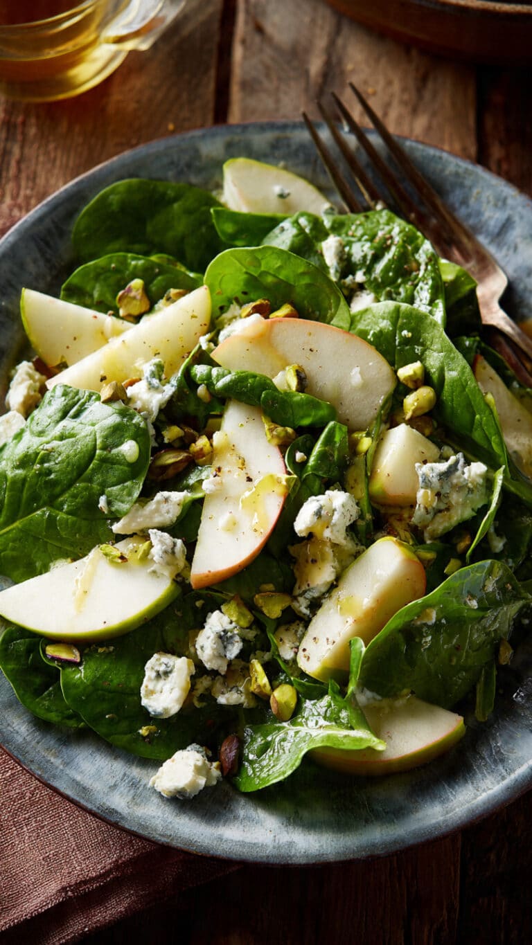Apple Spinach Salad with Feta, Pistachios, and Honey-Mustard Lemon Dressing