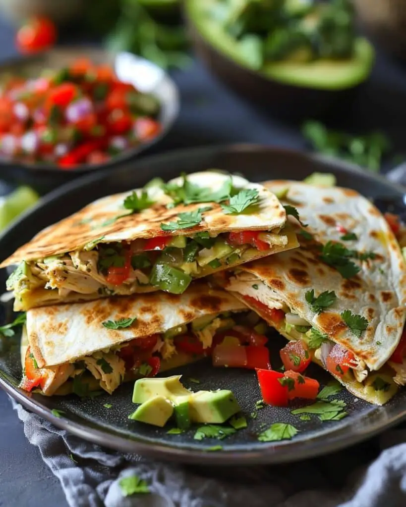 Chicken, Pepper & Avocado Quesadillas with Fresh Cilantro Salsa