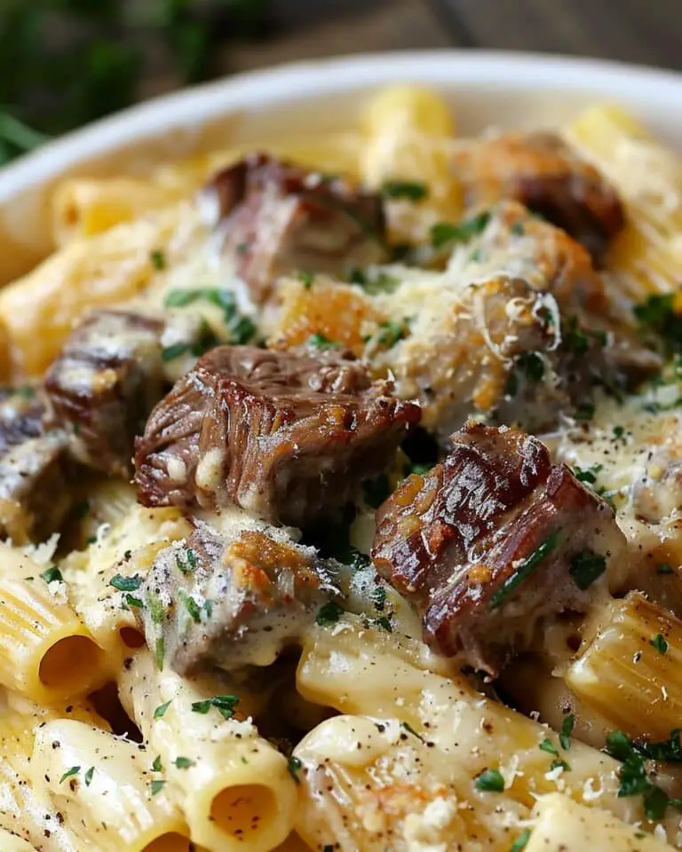 Cajun Steak Tips in Cheesy Rigatoni Parmesan Sauce