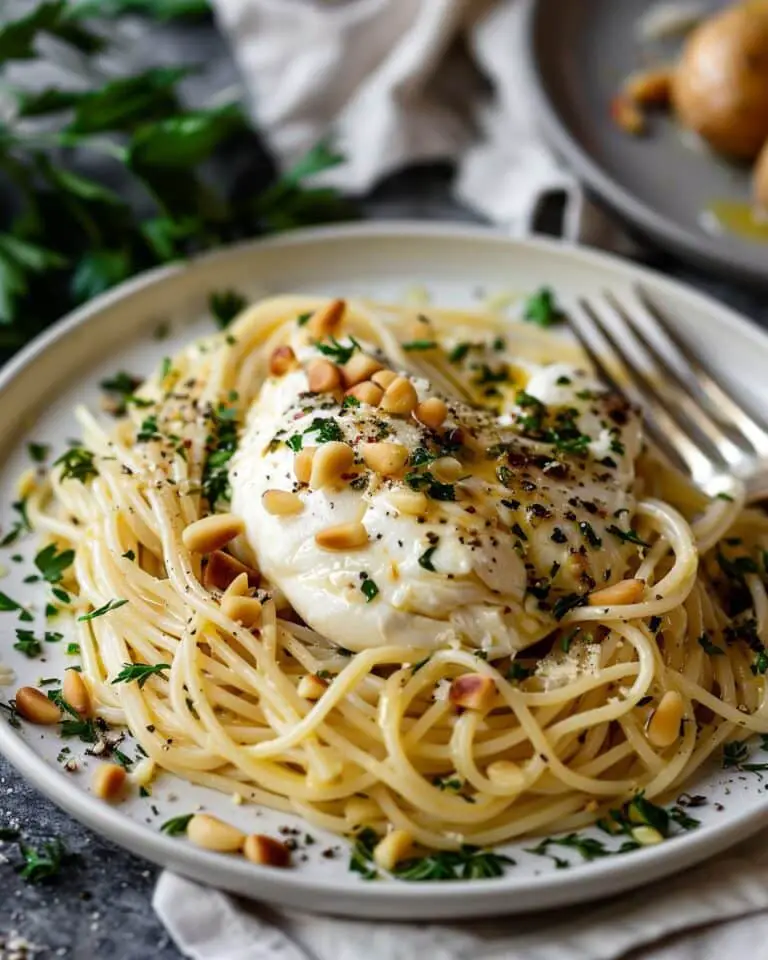 Chicken Spaghetti With Burrata, Pine Nuts, & Lemon Butter Garlic Sauce