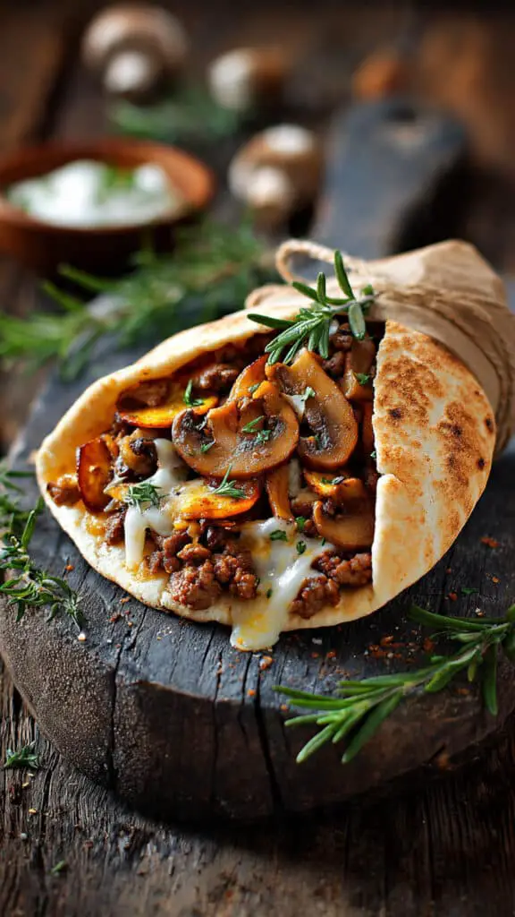 Cheesy Beef and Mushroom Pita Pockets