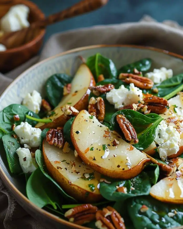 Caramelized Pear And Spinach Salad With Goat Cheese, Pecans, And Honey-Lemon Dressing