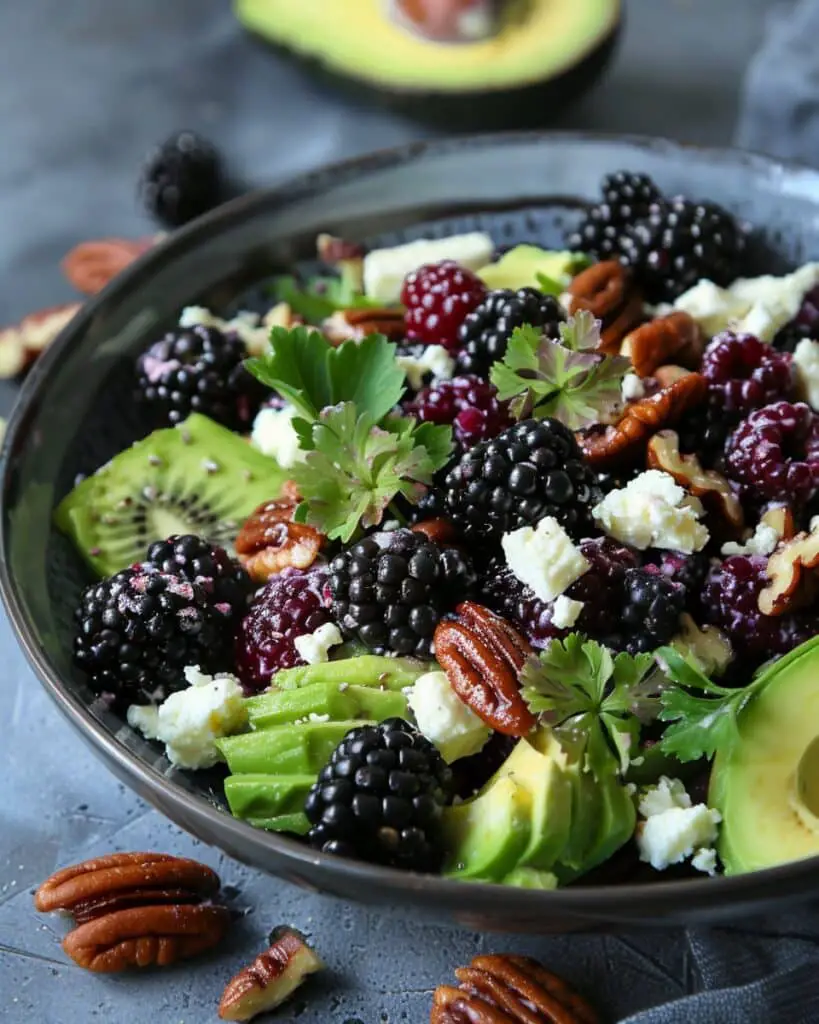 Blackberry and Avocado Salad with Pecans, Goat Cheese, and Honey Mustard Lemon Dressing
