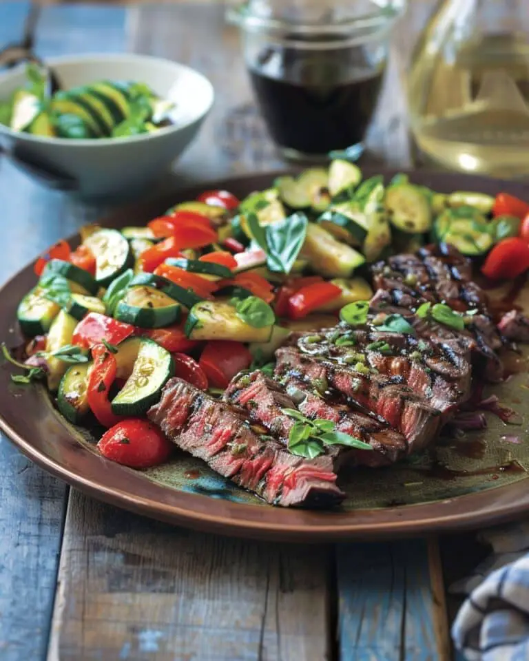 Balsamic Skirt Steak with Red Pepper Relish & Zucchini Salad