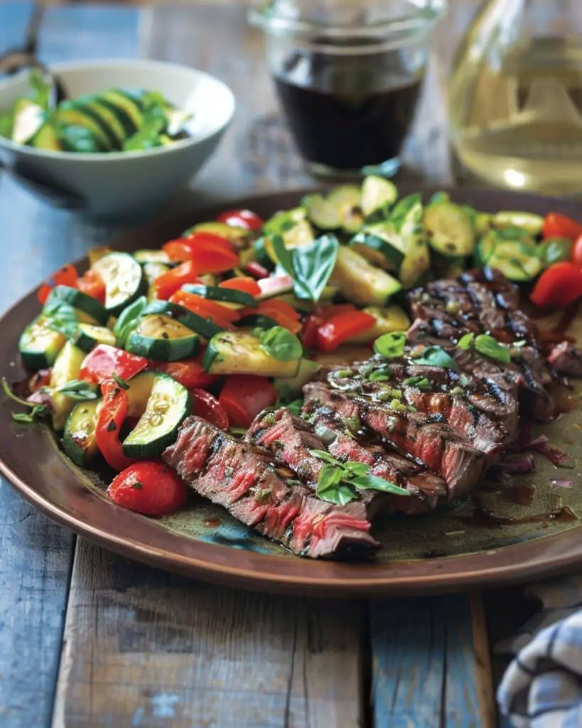 Balsamic Skirt Steak with Red Pepper Relish & Zucchini Salad