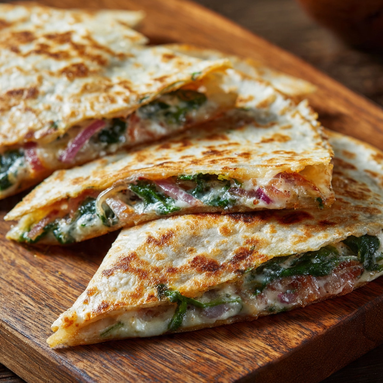 Mediterranean Quesadillas with Spinach, Feta, Mozzarella, and Red Onion