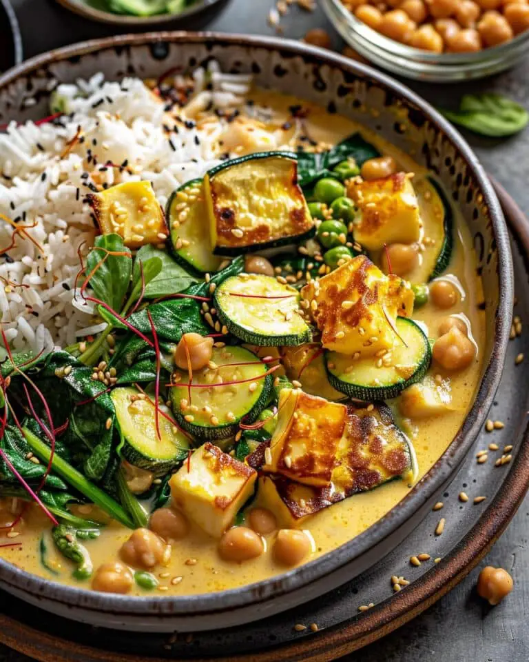 Creamy Chickpea Coconut Curry with Zucchini, Halloumi & Spinach