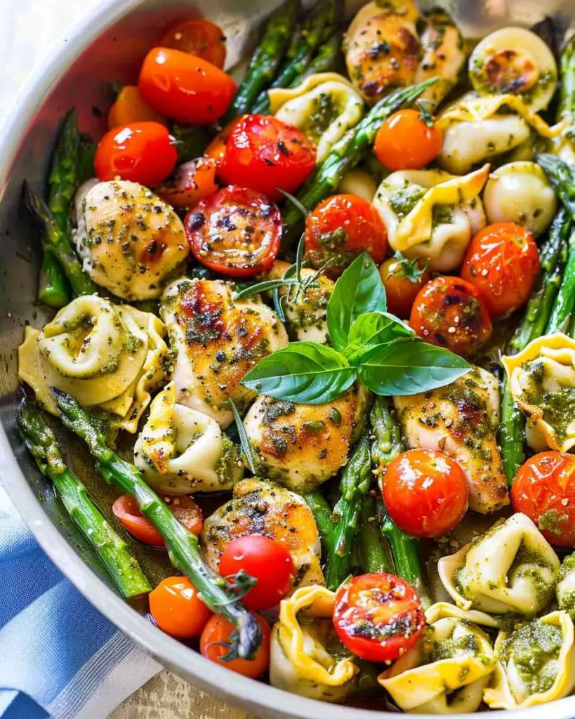 One-Pan Pesto Chicken, Tortellini, and Veggies, Asparagus, Tomatoes