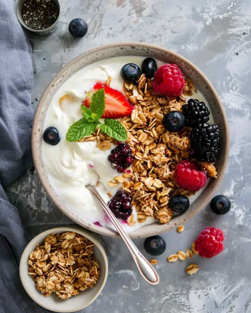 Peanut Butter Jam Yogurt Bowl with Granola & Berries