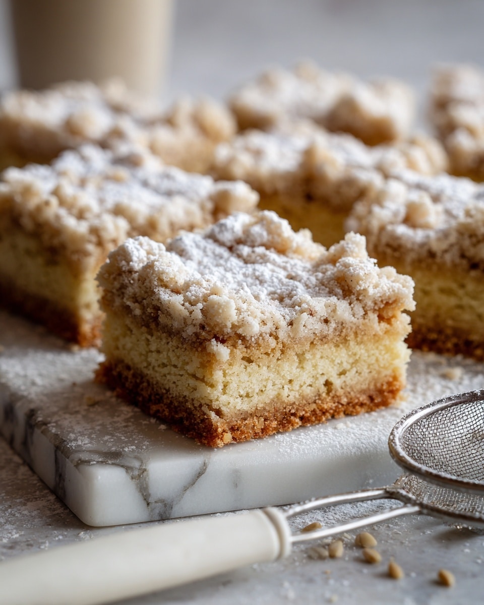 The image shows several thick square pieces of crumb cake arranged close together on a white marbled surface. Each piece has two layers: a soft, light yellow cake base with a slightly airy texture, and a generous top layer of golden brown crumb topping that looks crumbly and textured with bits of sugar sprinkled on it. The background includes a metal tea strainer and some small cardamom pods scattered on the surface. The lighting is bright and natural, highlighting the crumbly texture of the top layer. photo taken with an iphone --ar 4:5 --v 7