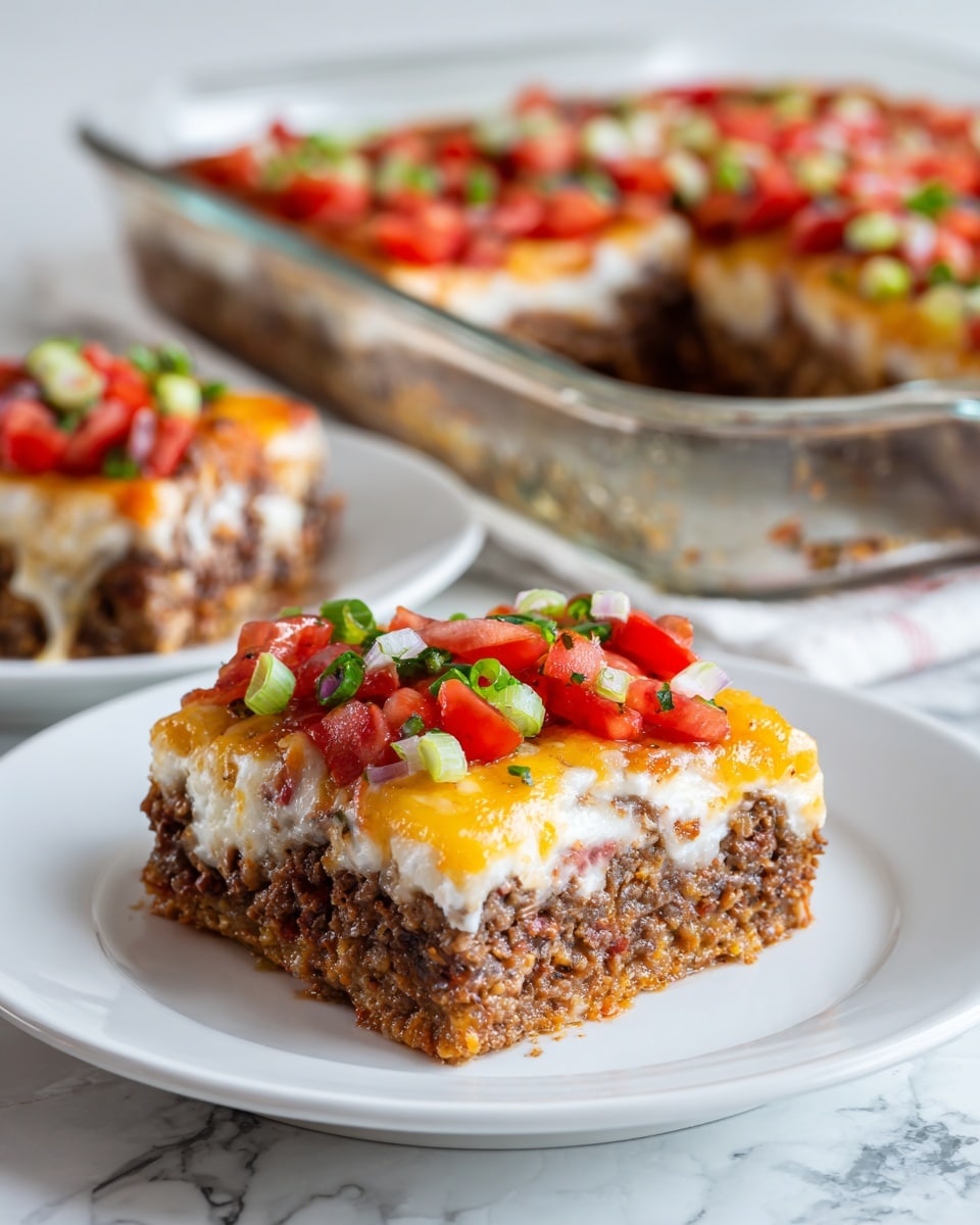 The dish is a square slice of a layered casserole on a white plate placed on a white marbled surface. It has four clear layers: the bottom layer is a light brown crust, above it is a thick brown meat layer, followed by a thick white creamy layer, and topped with a vibrant yellow melted cheese layer. On top of the cheese, there is a colorful mix of diced red tomatoes, chopped green onions, and bits of chopped green peppers or herbs spread evenly. In the background, the rest of the casserole is visible in a clear glass baking dish with a section missing, showing the same layers and toppings. photo taken with an iphone --ar 4:5 --v 7