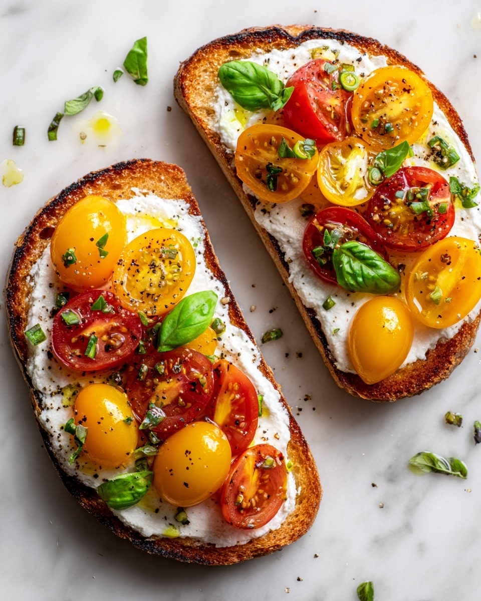 Two slices of toasted bread are placed on a white marbled surface. Each slice has a thick layer of creamy white cheese spread evenly. On top, there are halved cherry tomatoes, red and yellow, arranged closely together. Fresh green basil leaves are placed on the cheese and tomatoes. The dish is finished with a drizzle of olive oil and small specks of black pepper and herbs. The textures show the crunch of toast, softness of cheese, and juiciness of tomatoes all clearly visible photo taken with an iphone --ar 4:5 --v 7