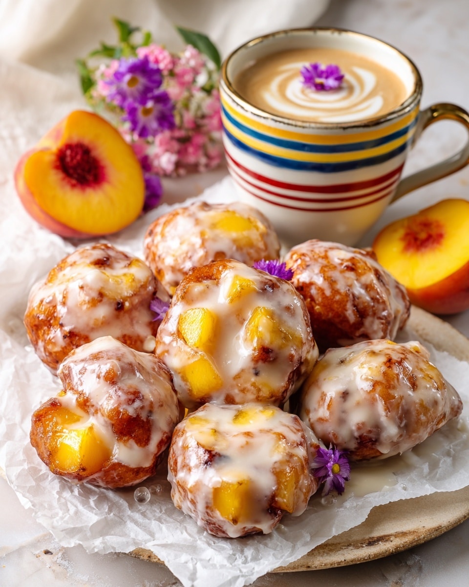 The image shows several peach fritters covered with a thick, shiny white glaze that has a slightly pinkish tint, making parts of the fritters look smooth and glossy. The fritters have an uneven round shape with golden-brown edges and visible chunks of bright yellow-orange peach inside the glaze. They are placed on parchment paper on a white marbled surface. Around the fritters, there are fresh peach halves and slices with a vibrant orange and red color. Toward the back right corner, a white cup with vertical colorful stripes contains coffee topped with frothy cream and blue flower petals on top. The setting looks bright, natural, and cozy. Photo taken with an iphone --ar 4:5 --v 7