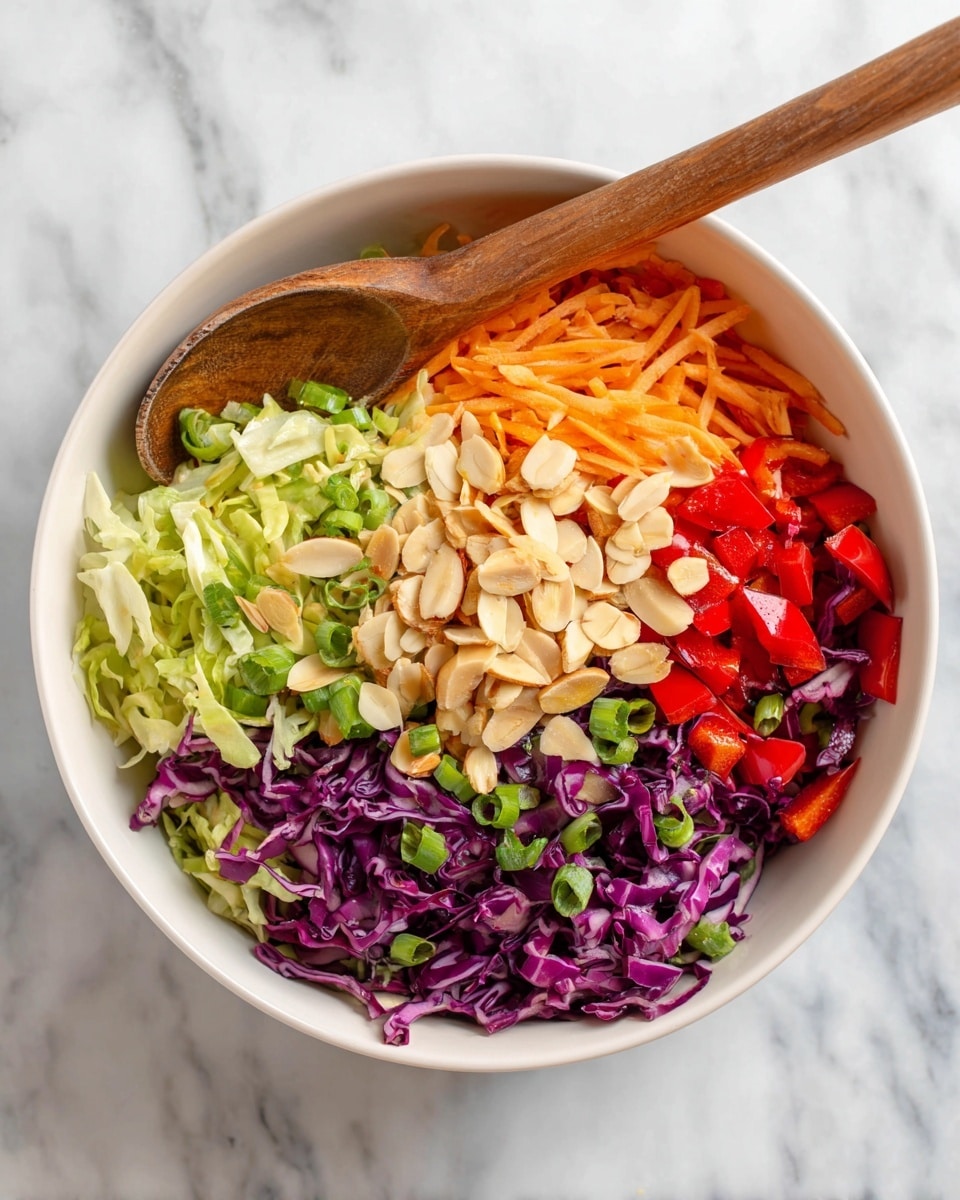 A white bowl filled with a colorful salad showing many layers; the bottom layer has shredded purple cabbage and green shredded lettuce, topped by thin orange carrot strips and small bright red bell pepper pieces. On top of these, light beige sliced almonds are spread evenly, mixed with small green chopped scallions. A wooden spoon is inside the bowl on the left side. The background is a white marbled surface. Photo taken with an iphone --ar 4:5 --v 7