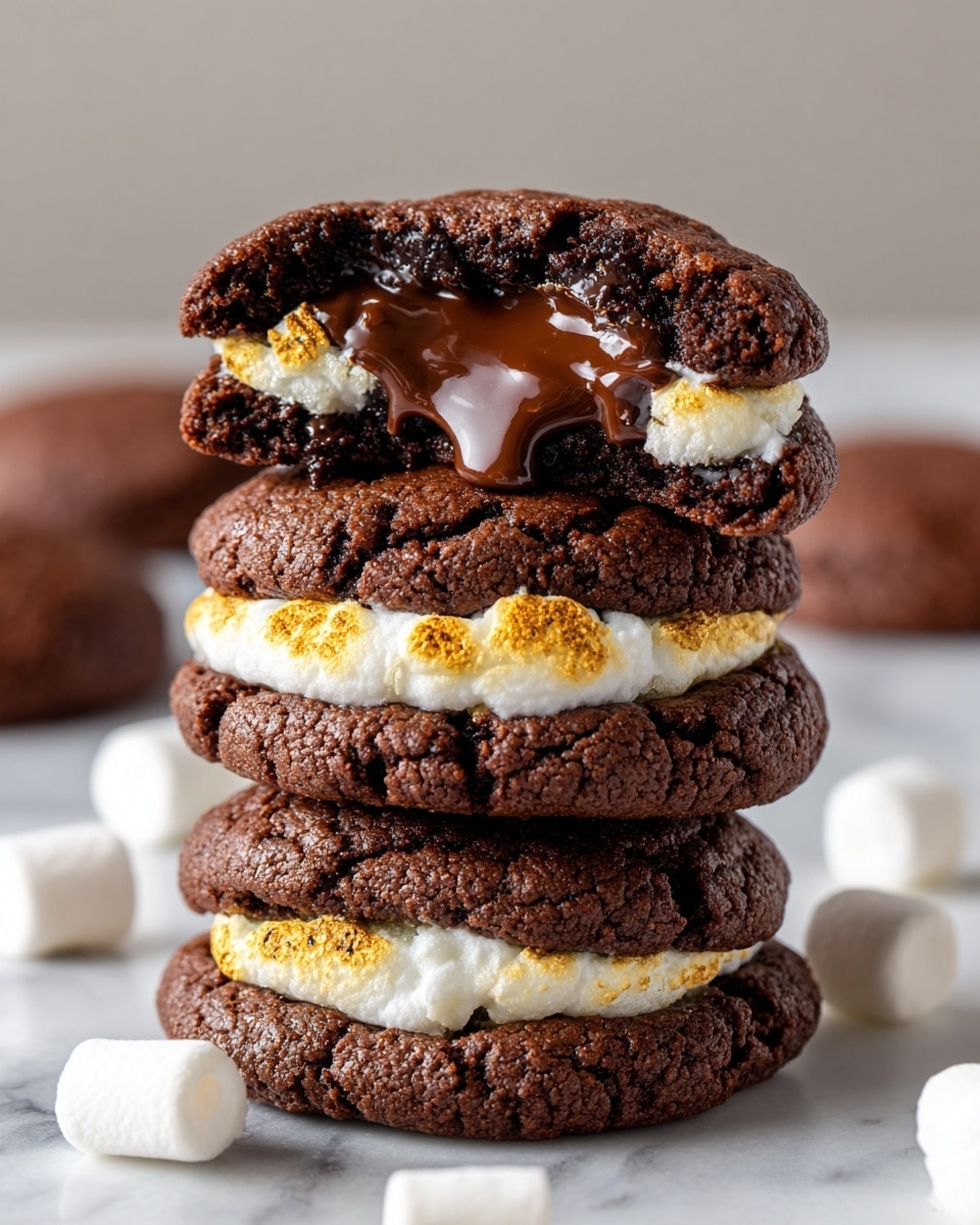 A stack of three chocolate cookies with marshmallow filling between each cookie. The bottom two cookies show slightly toasted white marshmallow cream sandwiched evenly, while the top cookie is broken to reveal melted dark brown chocolate and marshmallow inside. The cookies are dark brown with a cracked texture, set on a white marbled surface with scattered white marshmallows around. photo taken with an iphone --ar 4:5 --v 7