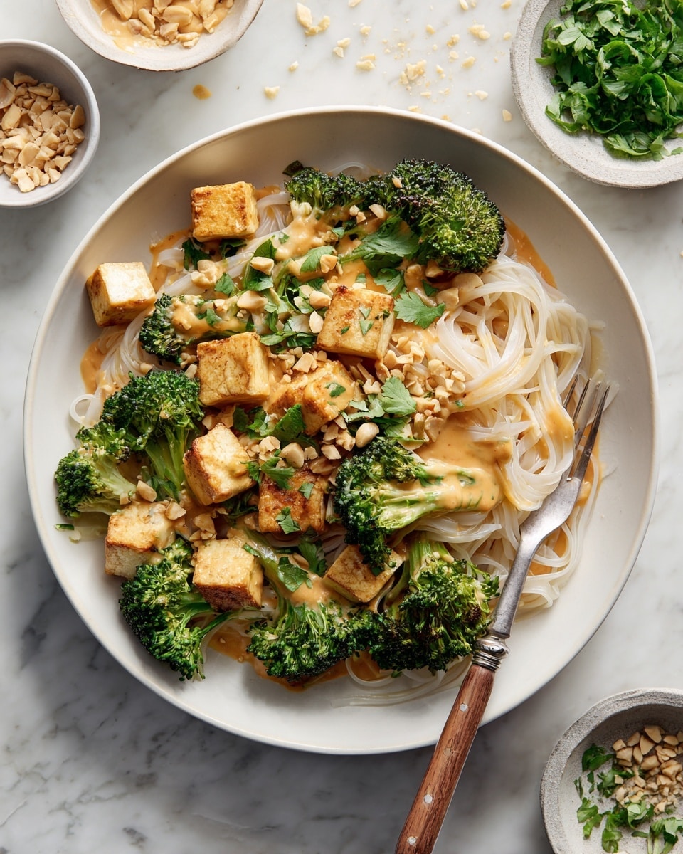 A white bowl filled with light brown noodles forms the base layer, topped with bright green broccoli florets and medium-sized golden tofu cubes. A creamy, light orange sauce is drizzled over the top, adding a smooth texture. Scattered white peanuts and finely chopped fresh green herbs add contrast and detail. A silver fork with a light wooden handle rests on the right edge inside the bowl. The bowl is set on a white marbled surface with small bowls nearby containing white sesame seeds and chopped green herbs. photo taken with an iphone --ar 4:5 --v 7