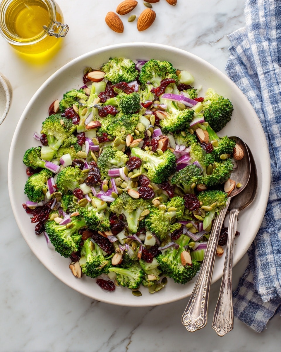 A large white plate filled with a colorful broccoli salad is placed on a white marbled surface. The salad has bright green broccoli florets as the base layer, mixed with scattered pieces of pale green celery and small cubes of white cheese. On top, there are whole brown almonds, dark red dried cranberries, and light green pumpkin seeds sprinkled evenly. Small bits of purple-red onion add pops of color throughout the salad. A silver serving spoon is resting on the right side of the plate, and a silver fork lies next to it. At the upper left corner, a glass jar of yellow oil is slightly visible. The overall look is fresh and vibrant, with a mix of crunchy and soft textures. photo taken with an iphone --ar 4:5 --v 7