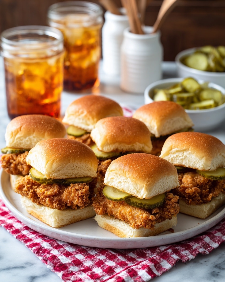 A white plate holds six small sandwiches stacked close together, each sandwich has three layers: a soft, shiny golden top bun, a middle layer of bright green pickle slices, and a bottom layer of crispy, browned fried chicken fillet, all on a white bottom bun. The plate sits on a red and white checkered cloth placed over a woven mat, with a wooden spoon and two white containers blurred in the background. To the left, a clear glass of amber iced tea filled with ice cubes is visible, and to the right, there is a small white bowl containing more pickle slices, all set on a white marbled surface. Photo taken with an iphone --ar 4:5 --v 7