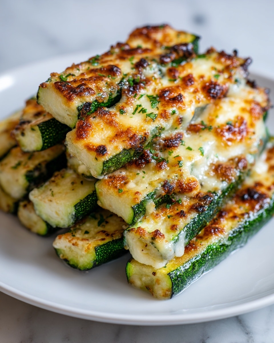 The image shows a close-up of several golden brown zucchini sticks, stacked in two layers on a white plate. Each zucchini stick is cut in half lengthwise, revealing the light green interior and darker green skin. The top surface of each piece is covered with a crispy, slightly browned crumb-like topping that has a rough texture. There are tiny bits of green herbs sprinkled over the zucchini, adding a touch of color contrast. The background is a white marbled texture, and the photo is taken from an angle that highlights the stacked layers and textures. Photo taken with an iphone --ar 4:5 --v 7