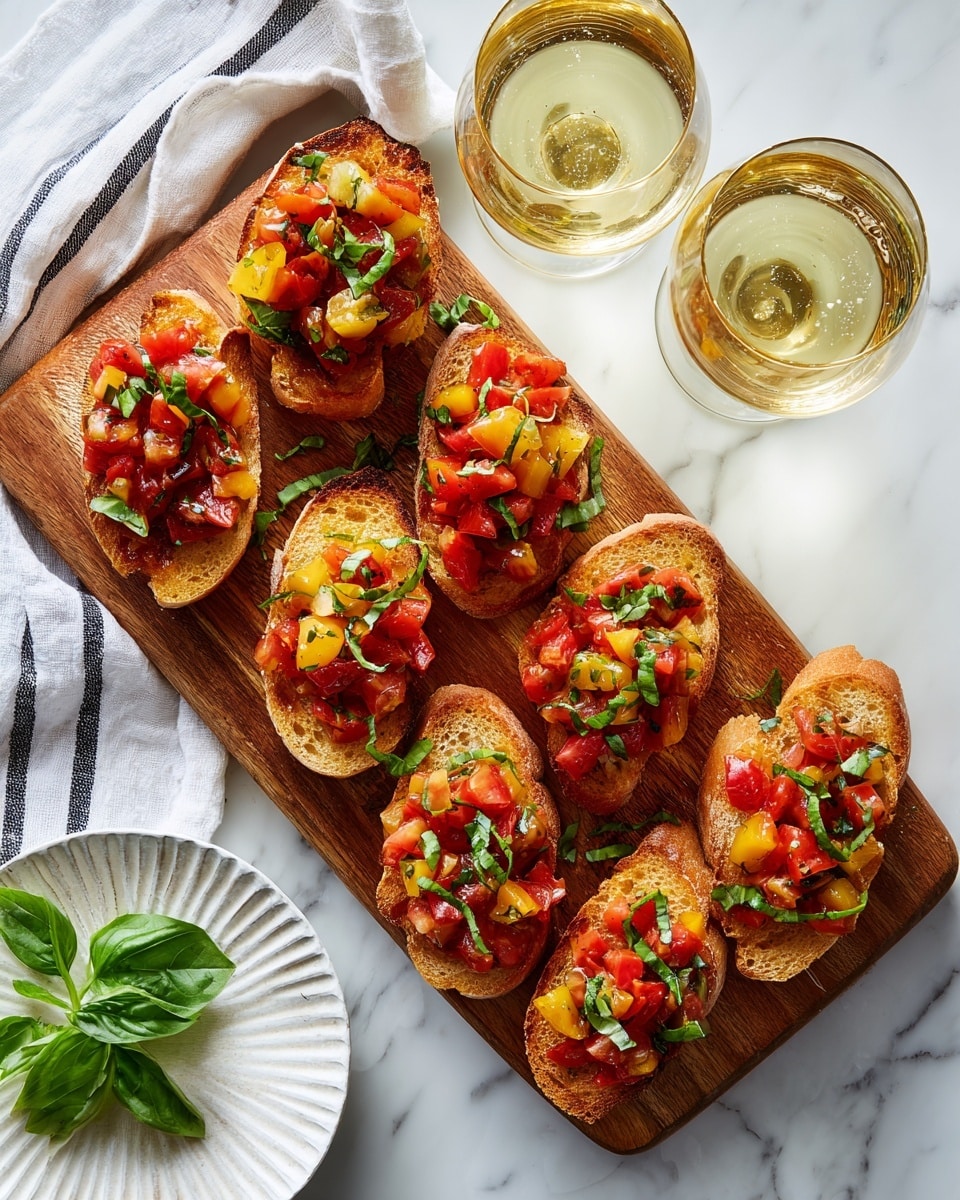 Several slices of toasted bread are placed on a wooden board, each topped with a colorful mix of diced red and yellow tomatoes and chopped green basil leaves. The bread slices are golden brown and look crispy. Around the board, there are two glasses of light-colored drink and a white cloth with dark stripes. A white marbled surface is beneath everything, adding a clean, bright background. Near the bottom, a couple of fresh basil leaves and part of a white plate can be seen. photo taken with an iphone --ar 4:5 --v 7
