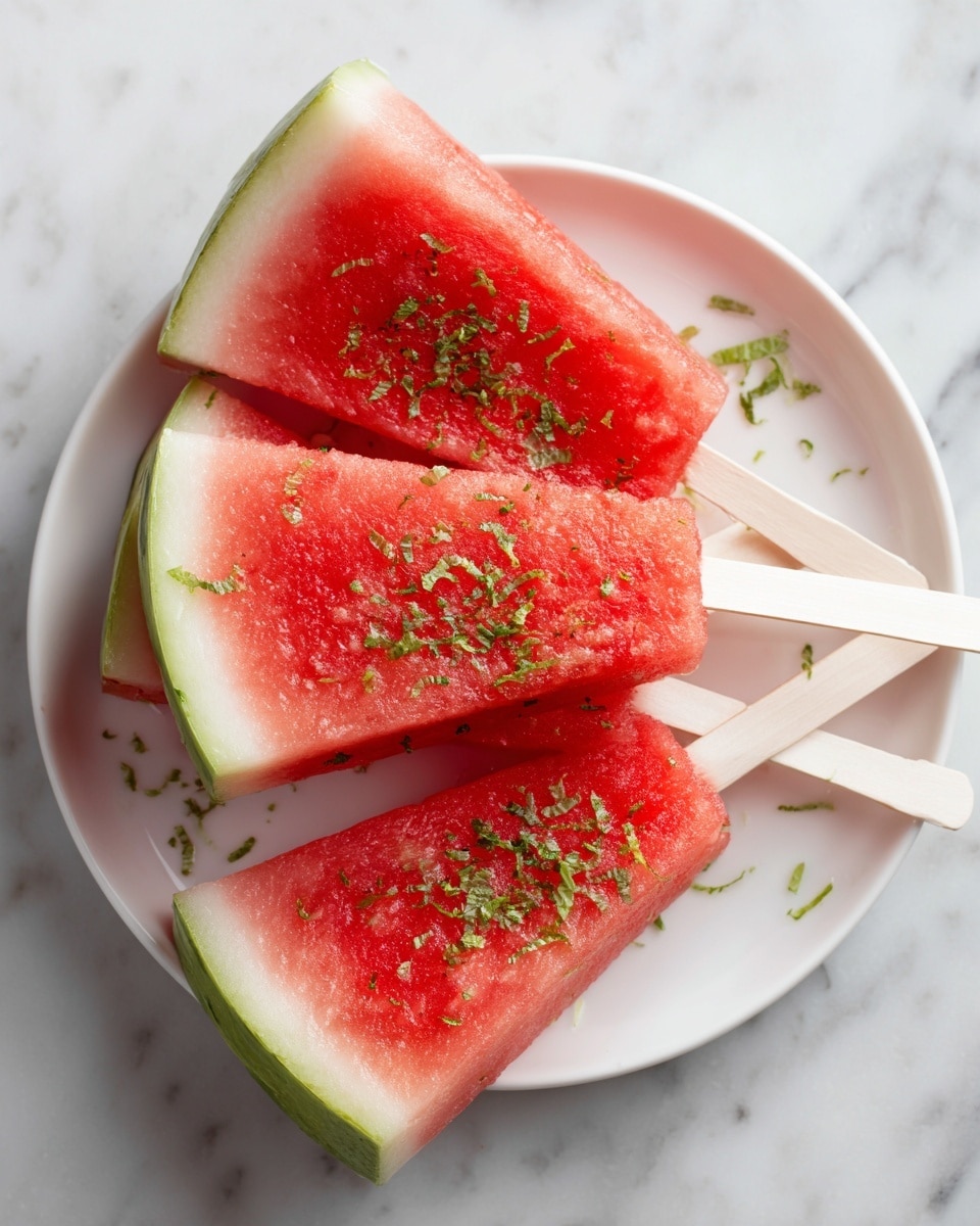 Three slices of watermelon on white sticks arranged on a white plate, each slice showing vivid red flesh with light green rind. The watermelon is sprinkled with small green mint leaves and thin green zest strips, adding fresh color contrast. The plate sits on a white marbled surface. photo taken with an iphone --ar 4:5 --v 7