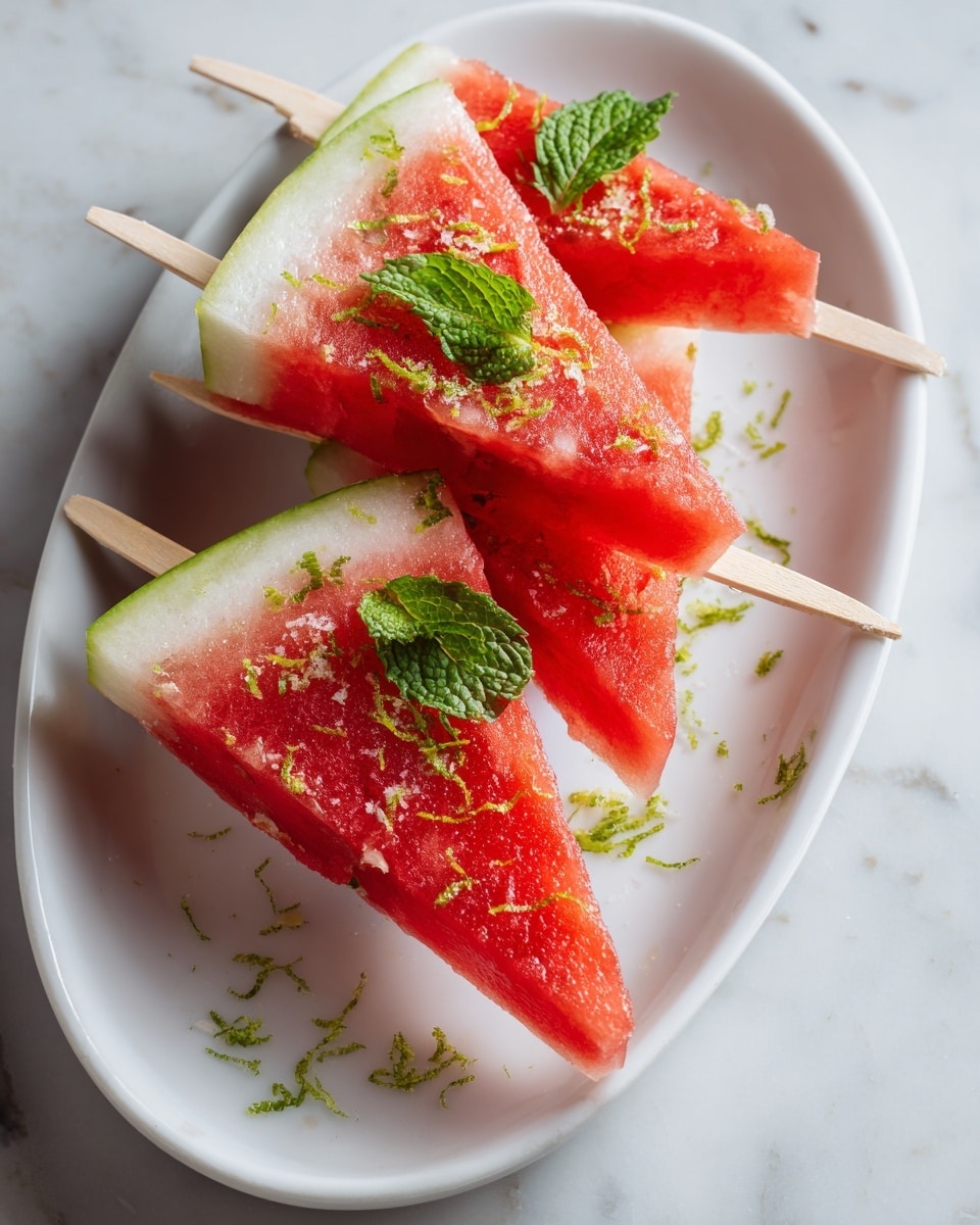 There are three bright red watermelon slices with green rinds, placed on a white oval plate on a white marbled surface. Each watermelon slice is on a small wooden stick, looking like popsicles. Small green mint leaves and thin lime zest strips are sprinkled on the watermelon, adding fresh green color. The plate is angled a little to the right, and a woman's hand is holding one of the sticks from the top right. The photo taken with an iphone --ar 4:5 --v 7