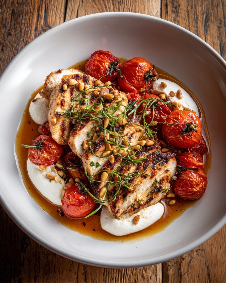 A white bowl sits on a white marbled surface, filled with three main layers. On the left side, bright red roasted cherry tomatoes still on the vine, their skins slightly wrinkled and shiny. In the center, grilled chicken pieces with golden brown grill marks and a juicy texture, garnished with small green herbs and pine nuts. On the right side, dollops of creamy white cheese with a soft, lumpy texture, also sprinkled with pine nuts and some light brown sauce around the chicken, creating a rich appearance. photo taken with an iphone --ar 4:5 --v 7