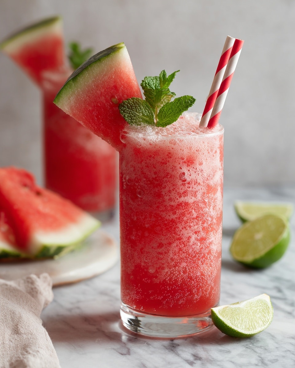 A clear glass is filled with a pinkish-red frothy drink, about three-fourths full with foam at the top. A white and red striped straw sticks out from the left side of the glass. On the glass rim, there's a small wedge of green lime, a thick triangle slice of watermelon with green rind, white inner layer, and bright red flesh, and two fresh green mint leaves standing upright. The glass sits on a white marbled surface, surrounded by some extra pieces of watermelon and lime wedges scattered around. A light-colored cloth is partially visible on the left side. Photo taken with an iphone --ar 4:5 --v 7