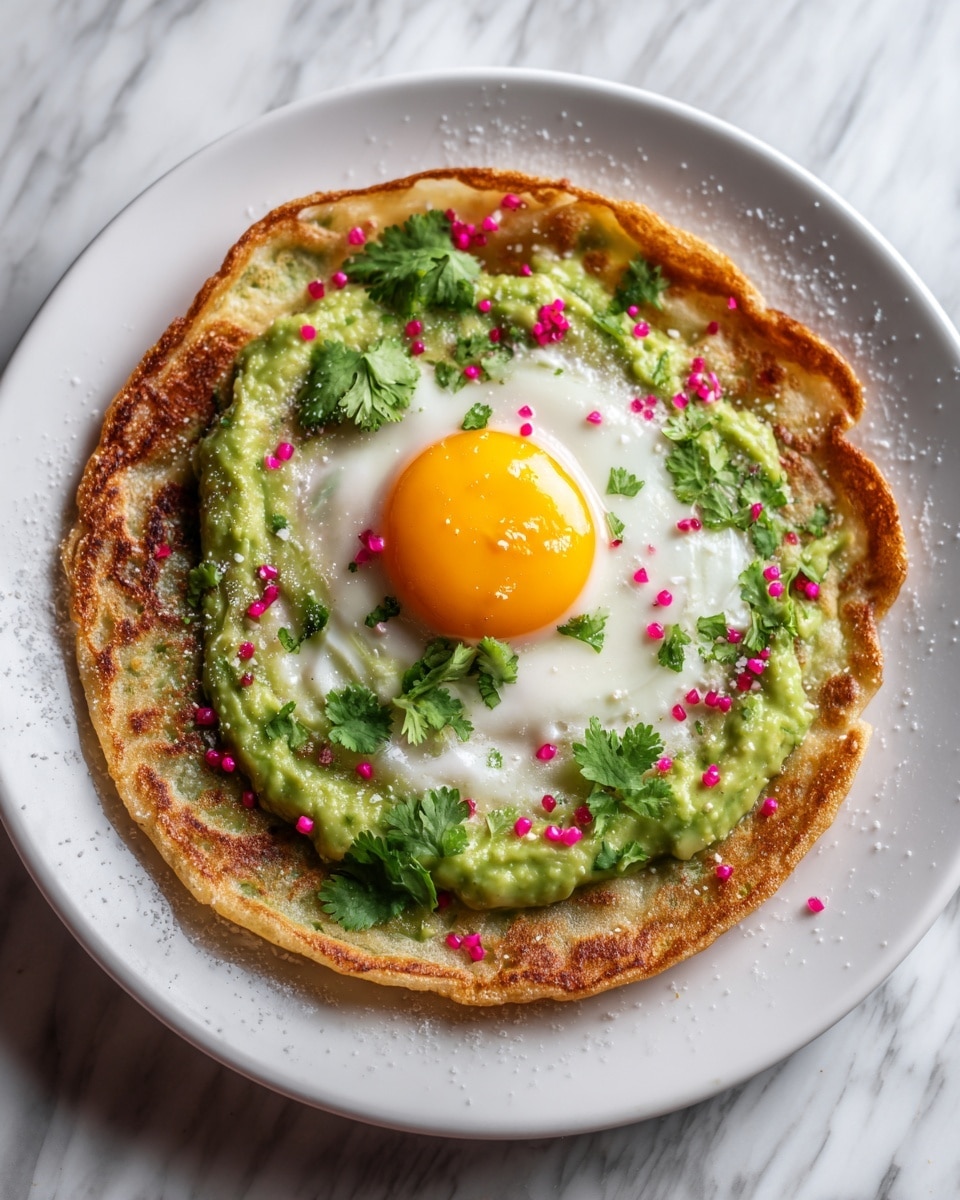 A close-up of a layered dish on a white plate showing a golden-brown crispy base pancake with a textured surface, topped with a thick layer of smooth green avocado spread partly around the edges, and a sunny-side-up egg placed slightly off-center on top. The egg has a bright, glossy orange yolk with seasoned black pepper and red spice sprinkled over the white, which looks cooked but soft, with slightly crispy edges. Small green cilantro leaves and bright pink salt crystals are scattered on the avocado layer and egg, making the dish colorful and fresh. The plate is set against a white marbled surface. photo taken with an iphone --ar 4:5 --v 7