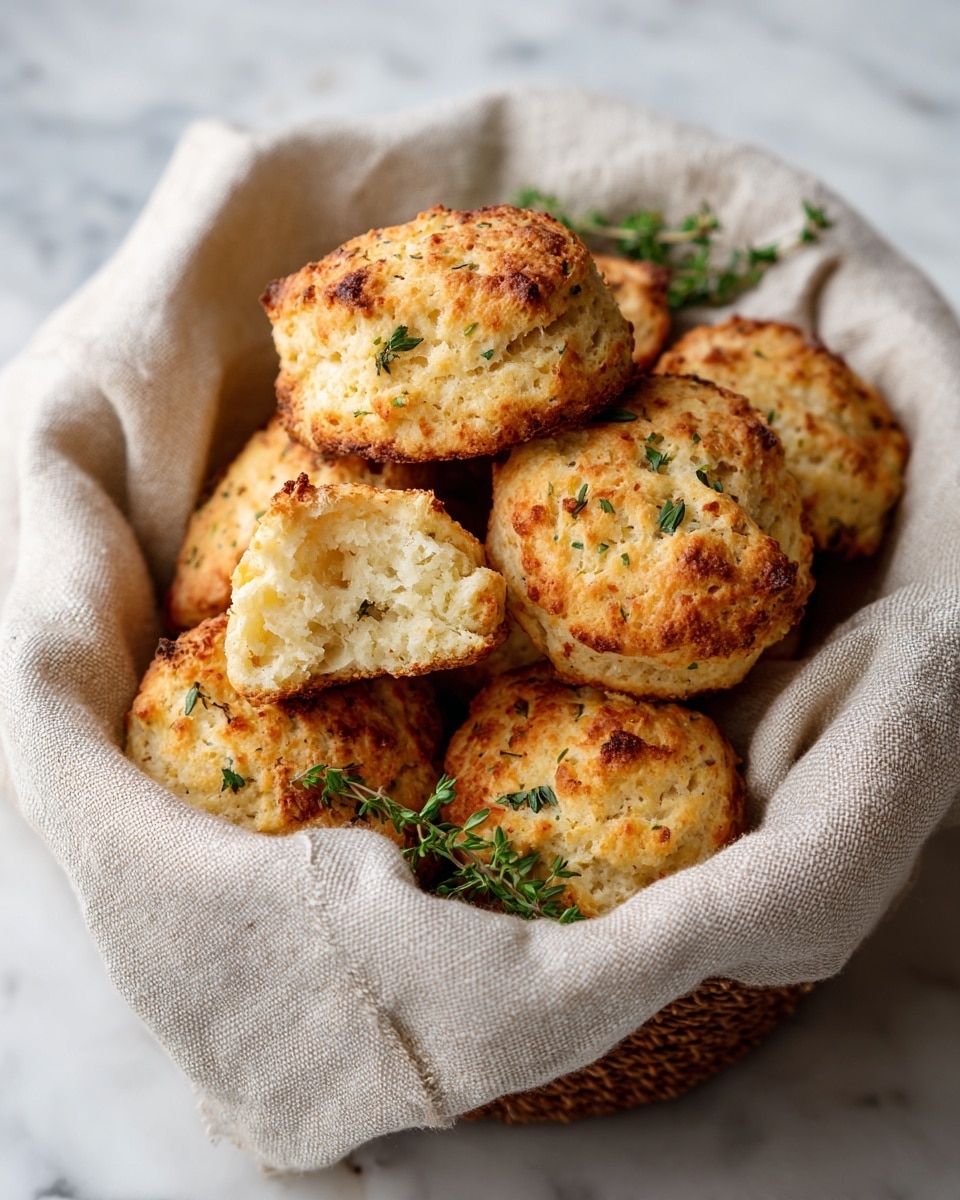 A basket filled with round, golden-baked drop biscuits stacked closely together, each biscuit showing a rough, textured surface with small green herb pieces inside and scattered bits of coarse salt on top. One biscuit is split in half on top, revealing a soft, moist inside with visible herbs, and the basket is lined with a soft beige cloth that slightly folds around the biscuits. The whole scene is set on a white marbled surface photo taken with an iphone --ar 4:5 --v 7